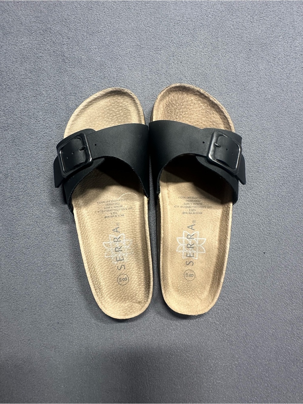 SERRA Black Slide Sandals with Buckle and Tan Footbed